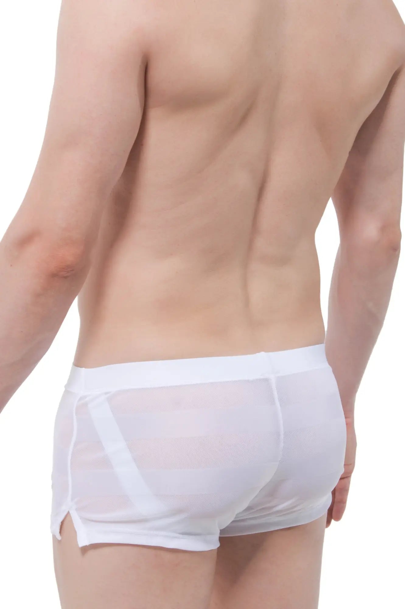 White sheer mesh briefs with solid white waistband and side slits from petitq shorts mesh stripe jock white collection