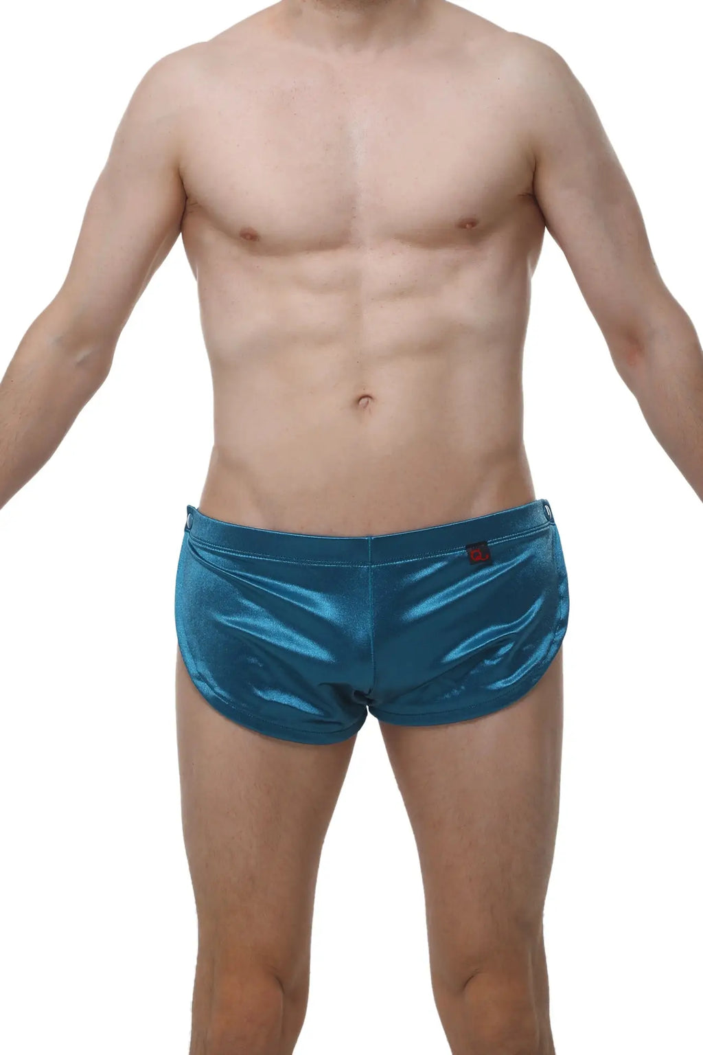 Shiny teal metallic swim trunks made of satin fabric designed for a stylish and comfortable swim experience