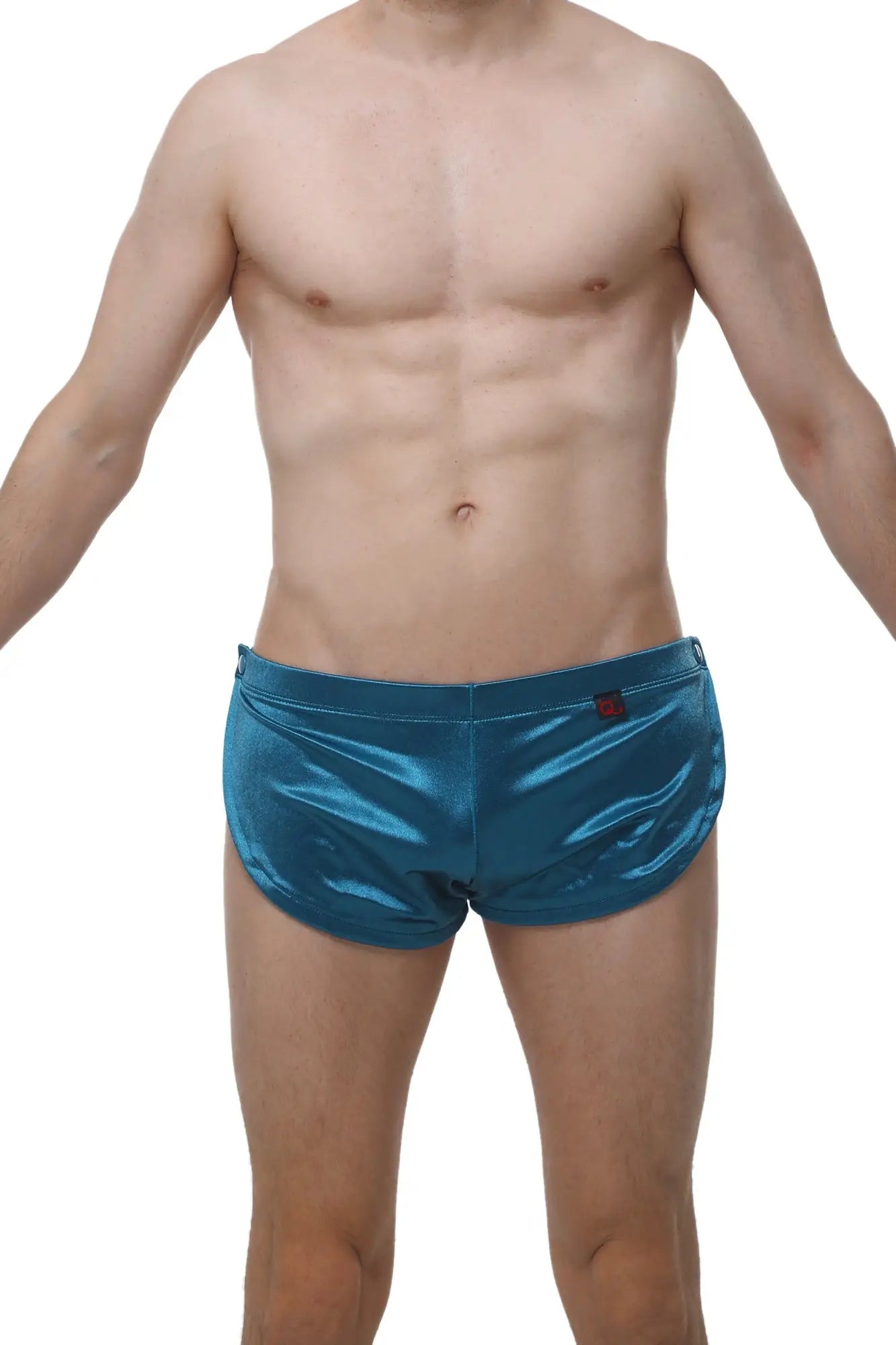Shiny teal metallic swim trunks made of satin fabric designed for a stylish and comfortable swim experience