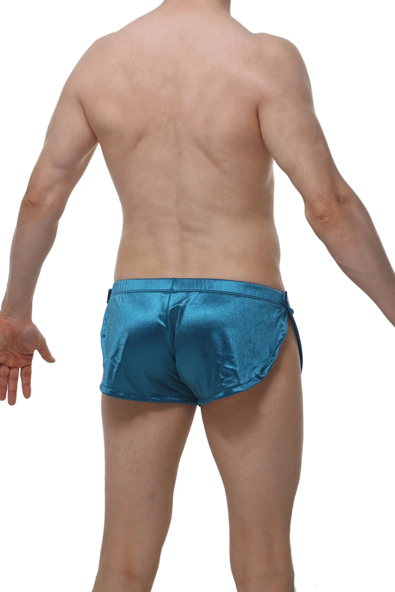 Shiny teal satin swim trunks petitq shorts snap satin with sleek form-fitting design for stylish swimwear use