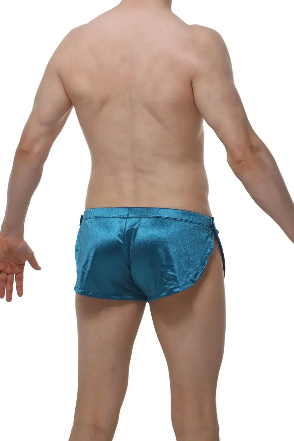 Shiny teal satin swim trunks petitq shorts snap satin with sleek form-fitting design for stylish swimwear use