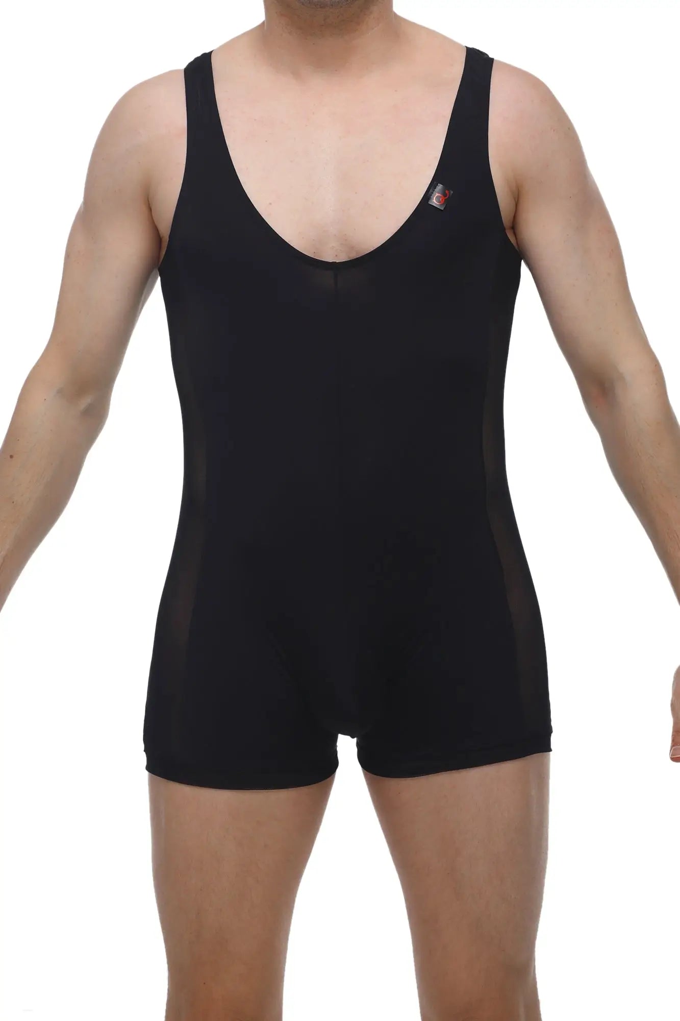 Black sleeveless athletic one-piece with mesh side panels petitq singlet atchy black for activewear use