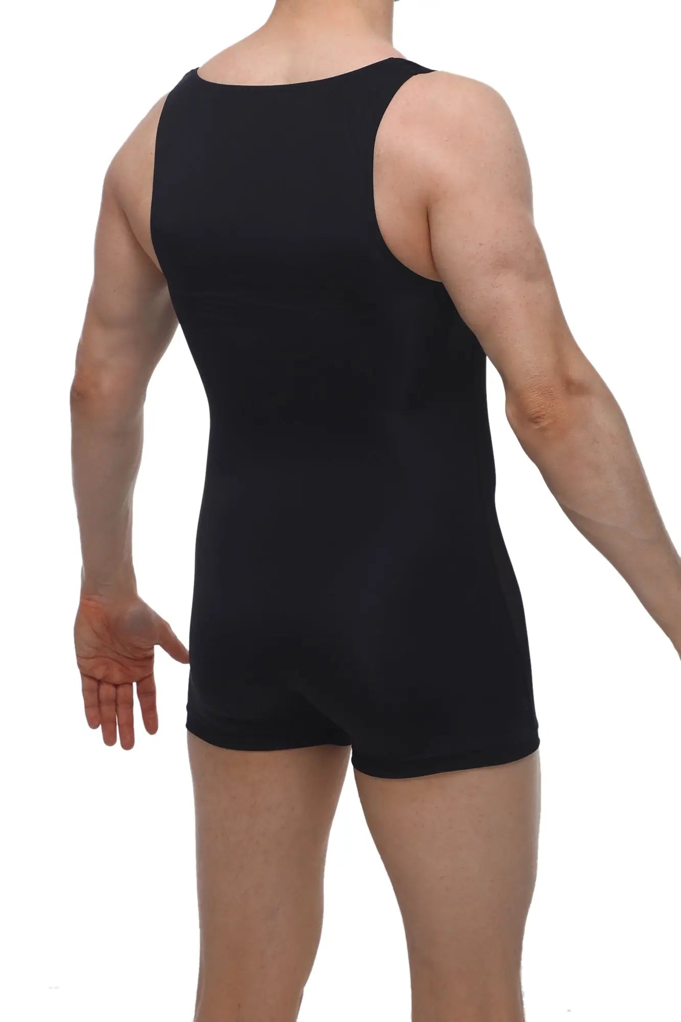 Black sleeveless athletic one-piece PetitQ singlet atchy black with a snug fit and short legs for active wear