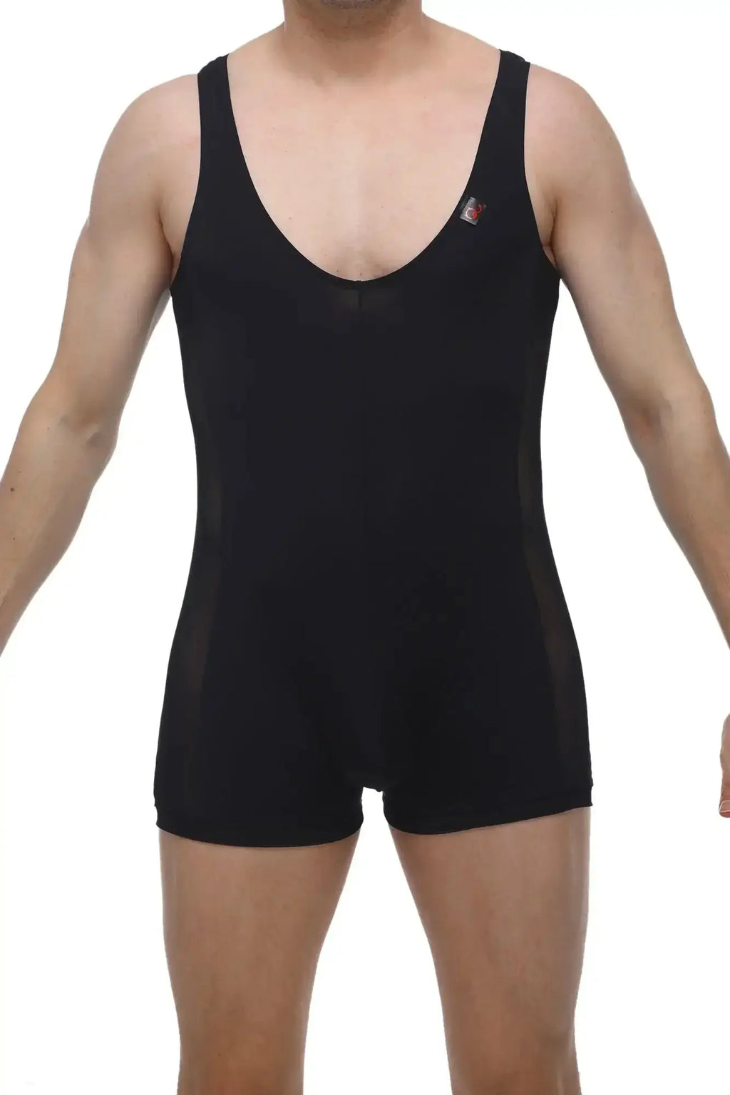 Black sleeveless athletic one-piece with mesh side panels petitq singlet atchy black for activewear use