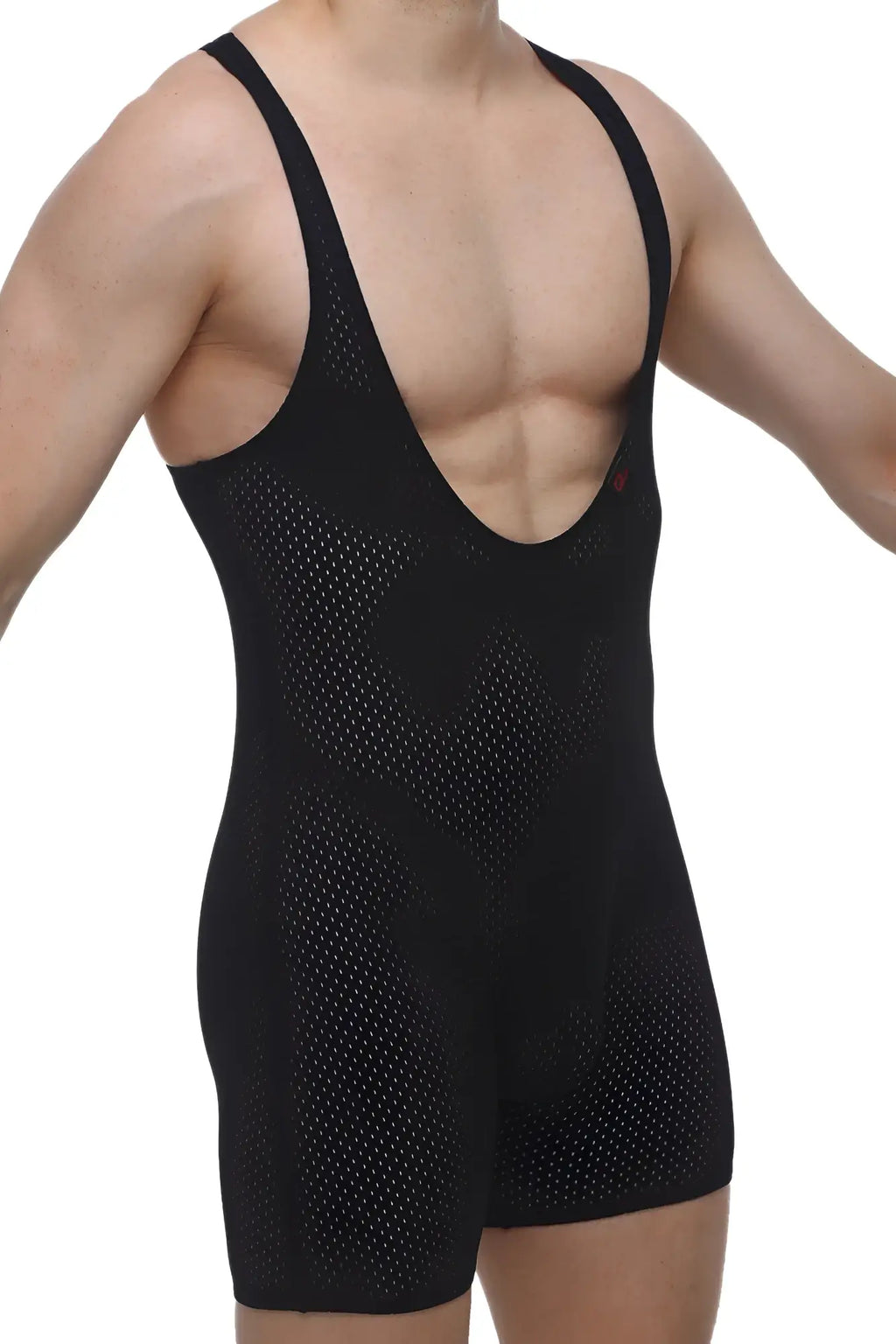 Petitq singlet bee black black mesh athletic bodysuit with deep v-neck and wide shoulder straps