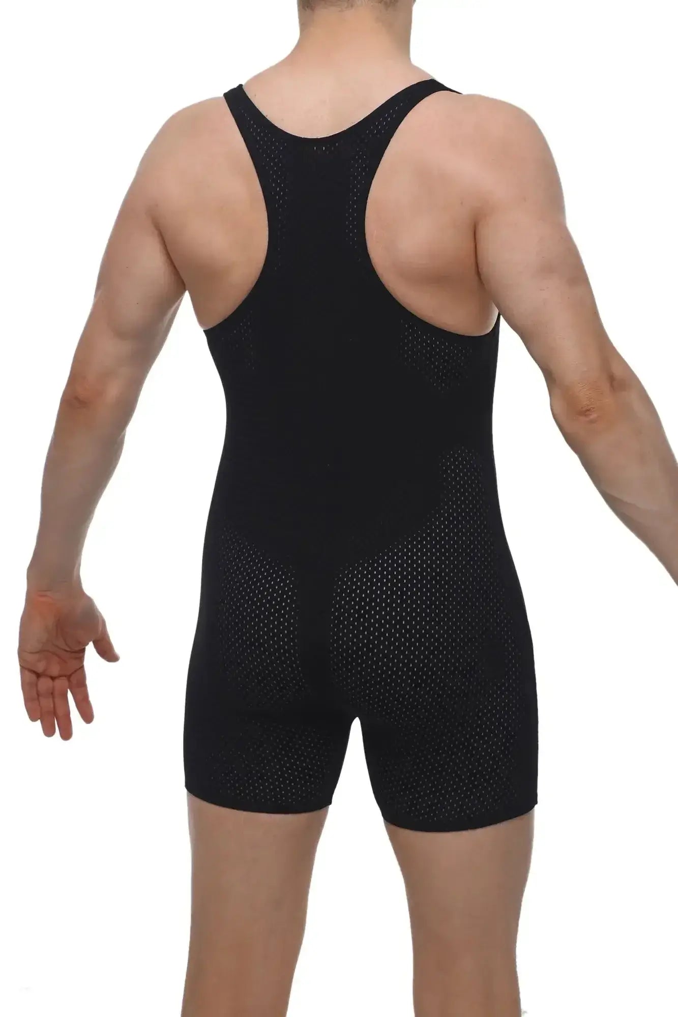 Black mesh-textured compression bodysuit with racerback design shown from the back petitq singlet bee black