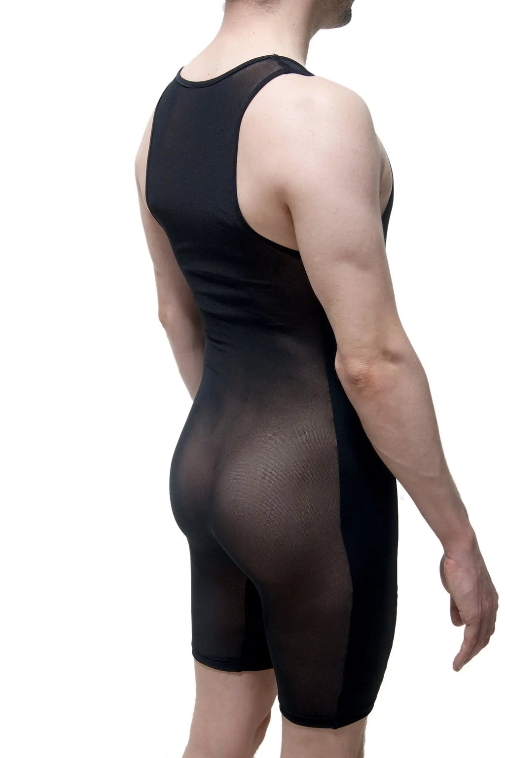 Petitq singlet thann net black sheer mesh bodycon suit with solid black side panels and racerback design back view