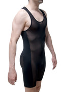Black sheer mesh wrestling singlet with solid black side panels and trim petitq singlet thann net black