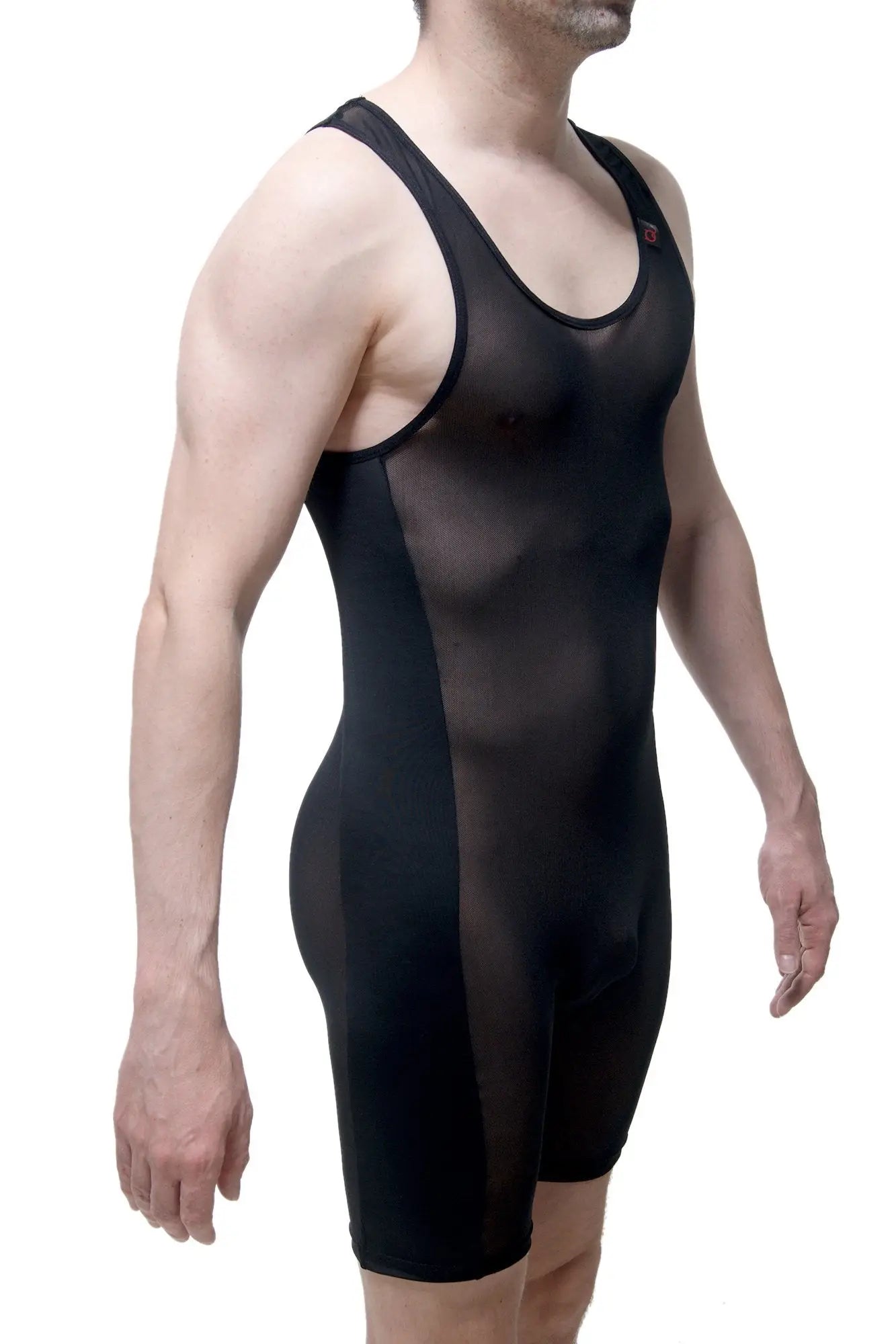 Black sheer mesh wrestling singlet with solid black side panels and trim petitq singlet thann net black