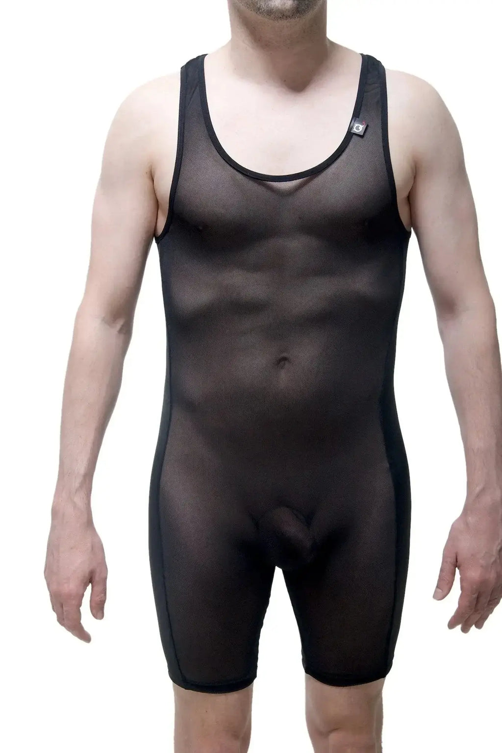Petitq singlet thann net black sheer mesh tank top with black trim and small logo on upper left shoulder