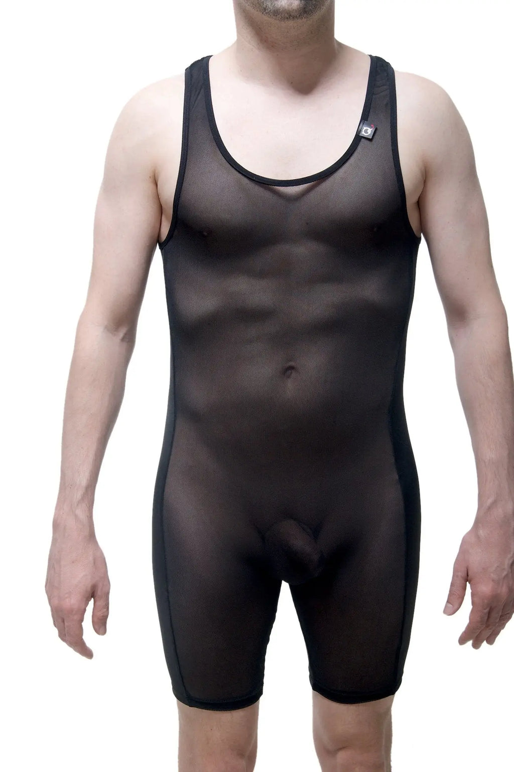 Petitq singlet thann net black sheer mesh tank top with black trim and small logo on upper left shoulder