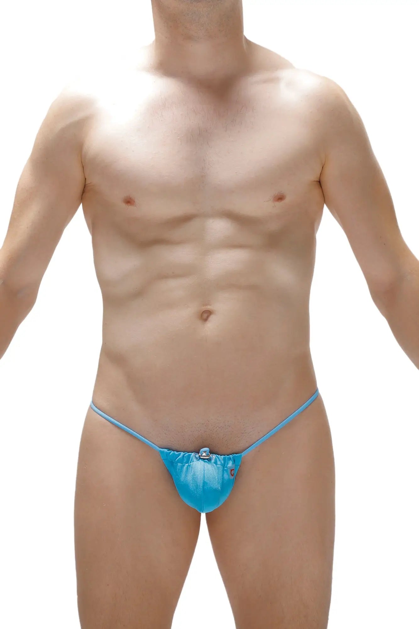Bright blue satin thong with a small metallic clasp at front from petitq slingshot cocksak joe collection