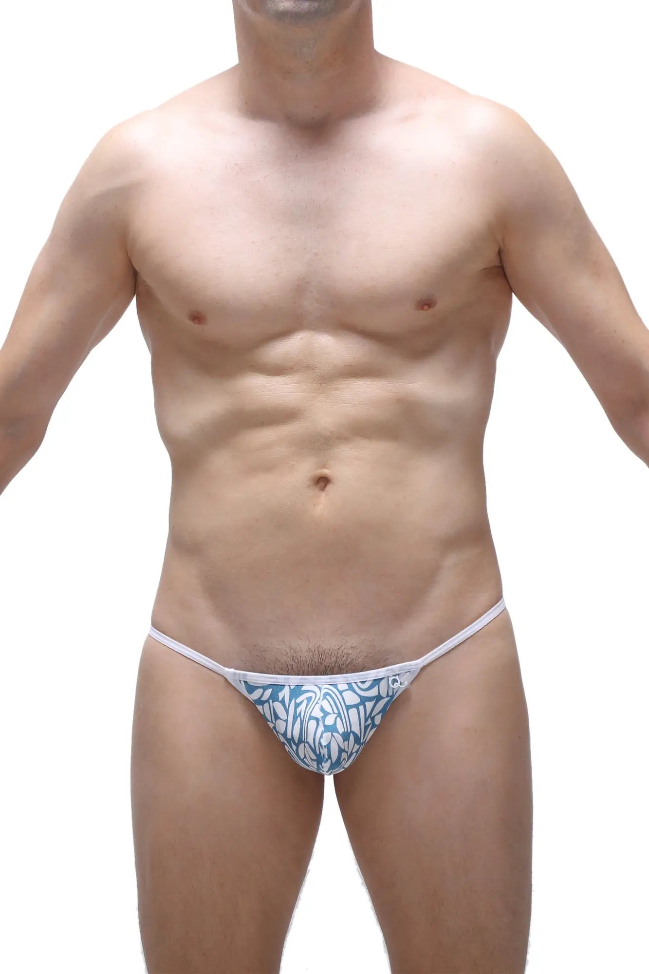 PetitQ Slingshot Herat Carlot blue and white patterned thong with thin matching waistband shown from the back side