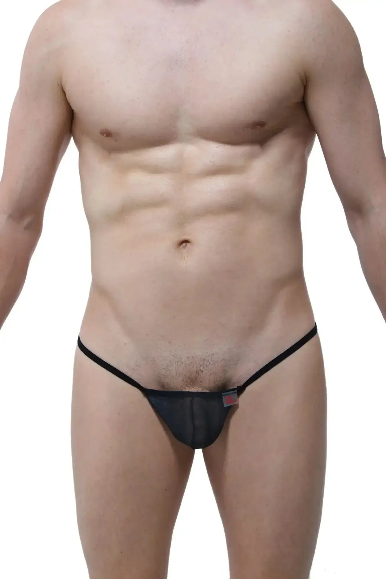 PetitQ slingshot black mesh thong with thin elastic waistband and a small flag tag on the front