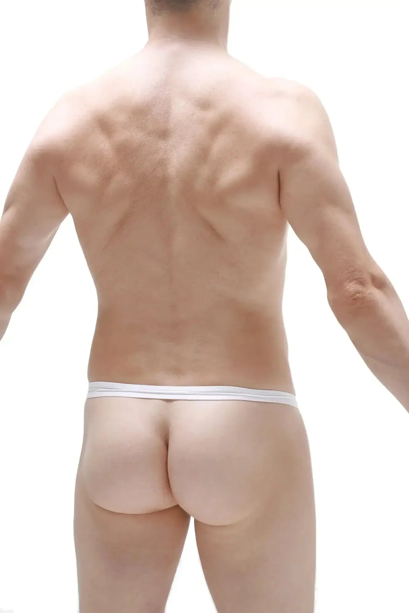 White thong with narrow elastic waistband in PetitQ Slingshot Lasso plum white for minimal coverage and comfort