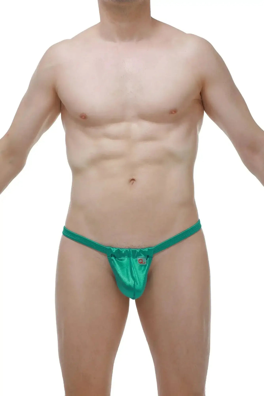 Vibrant teal satin thong petitq slingshot maverick satin green with subtle sheen and small metallic logo on front