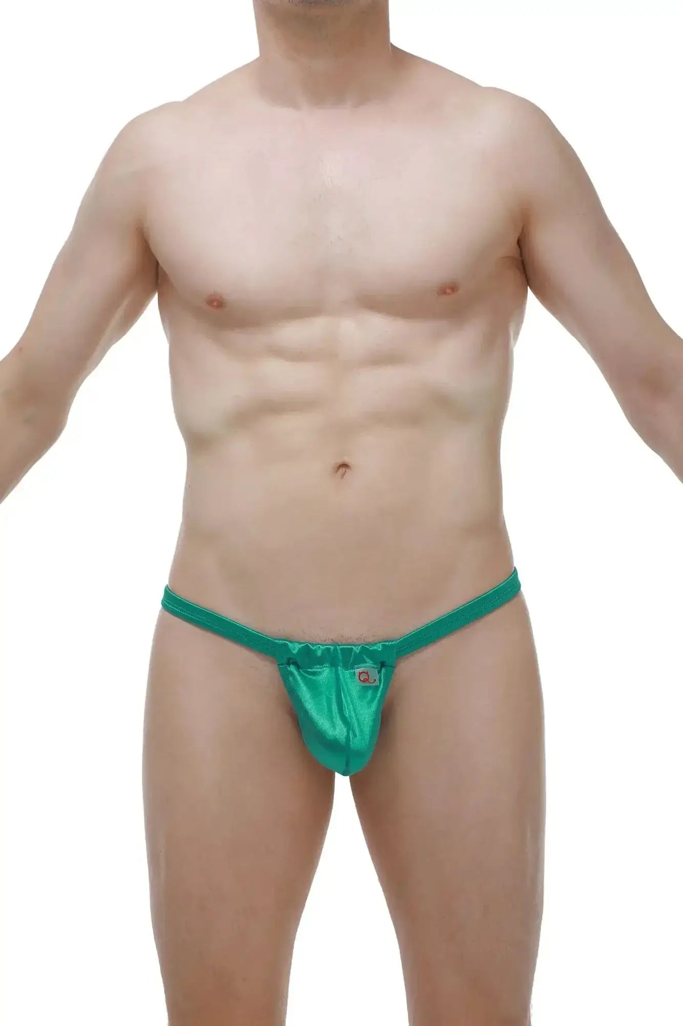 Vibrant teal satin thong petitq slingshot maverick satin green with subtle sheen and small metallic logo on front