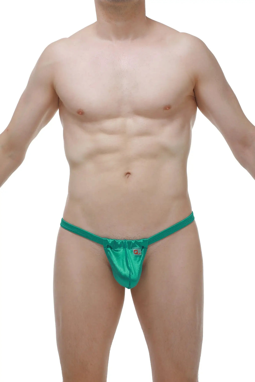 Vibrant teal satin thong petitq slingshot maverick satin green with subtle sheen and small metallic logo on front