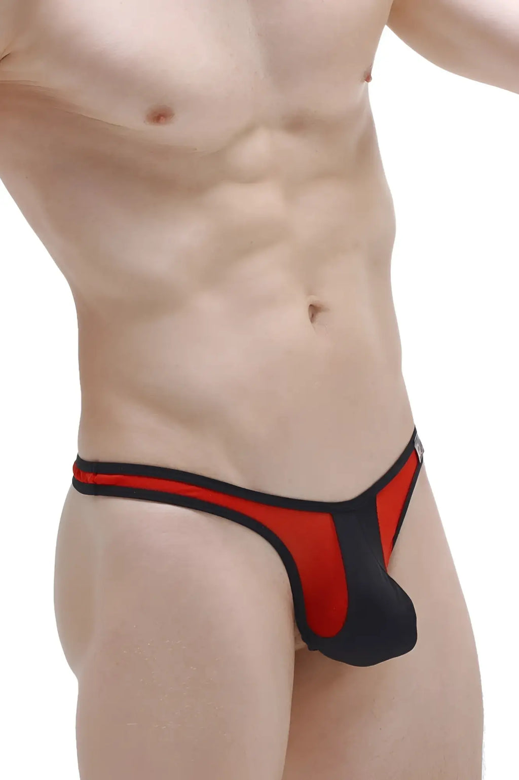 Red and black petitq slingshot neuvit athletic-style thong with contoured design shown from the back side