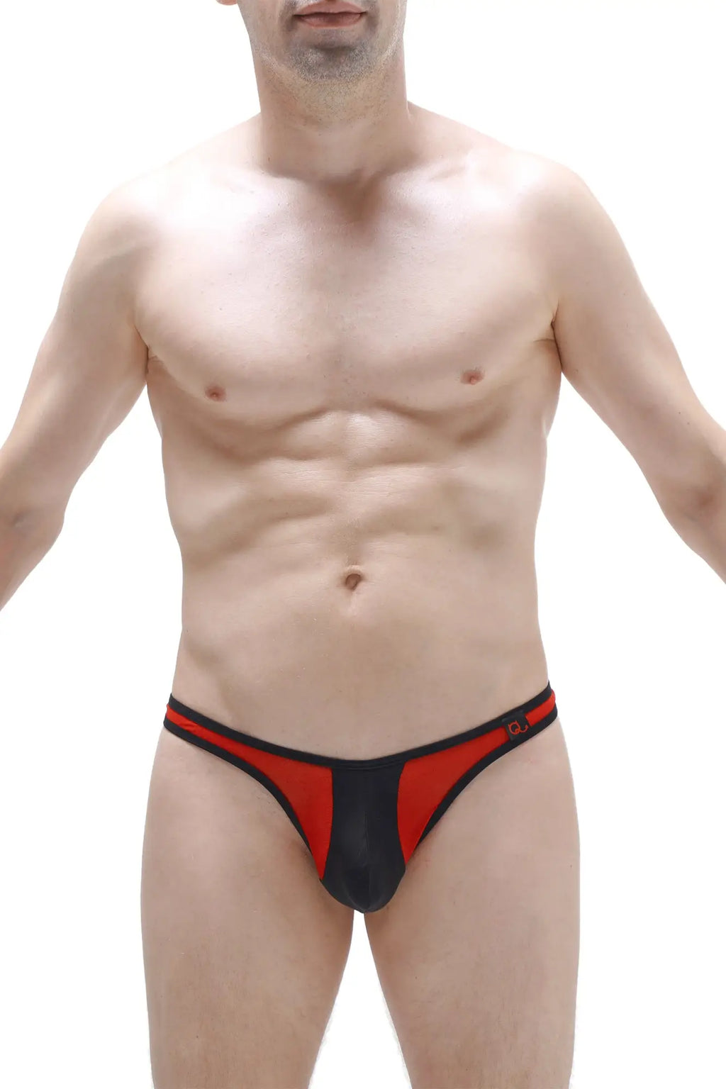 Black and red PetitQ slingshot neuvit thong with mesh panel showing the back side of the underwear