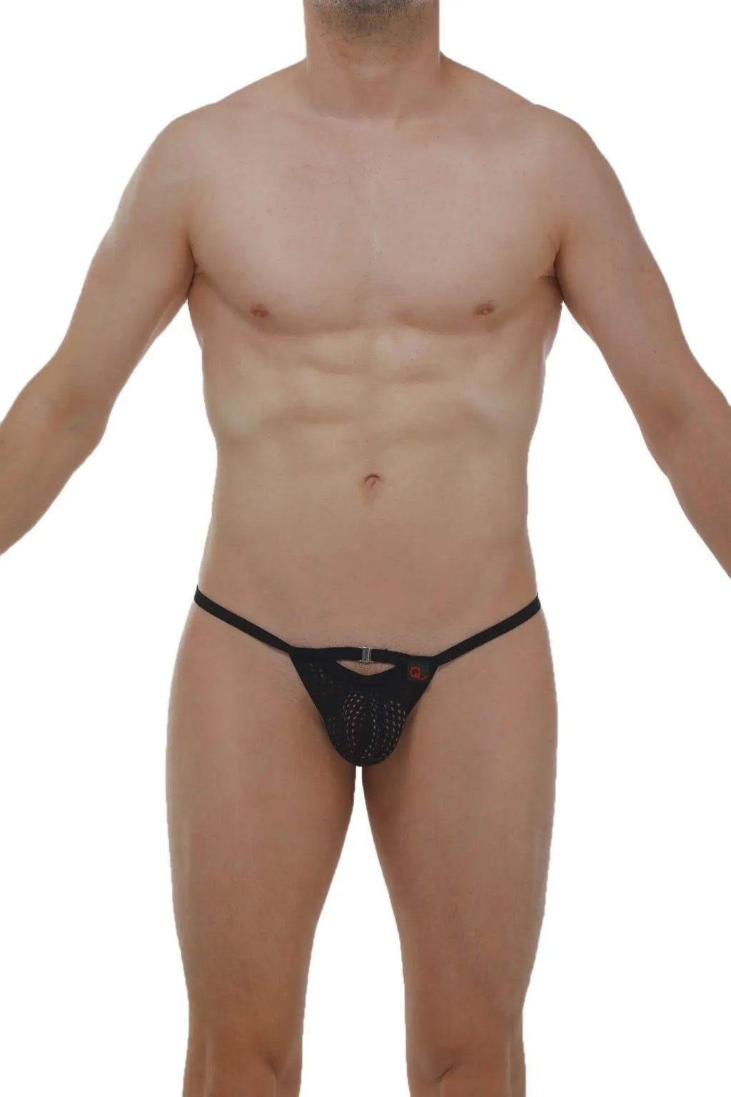 PetitQ Slingshot Rahart Durtol black mesh thong with central metal clasp and small red logo detail
