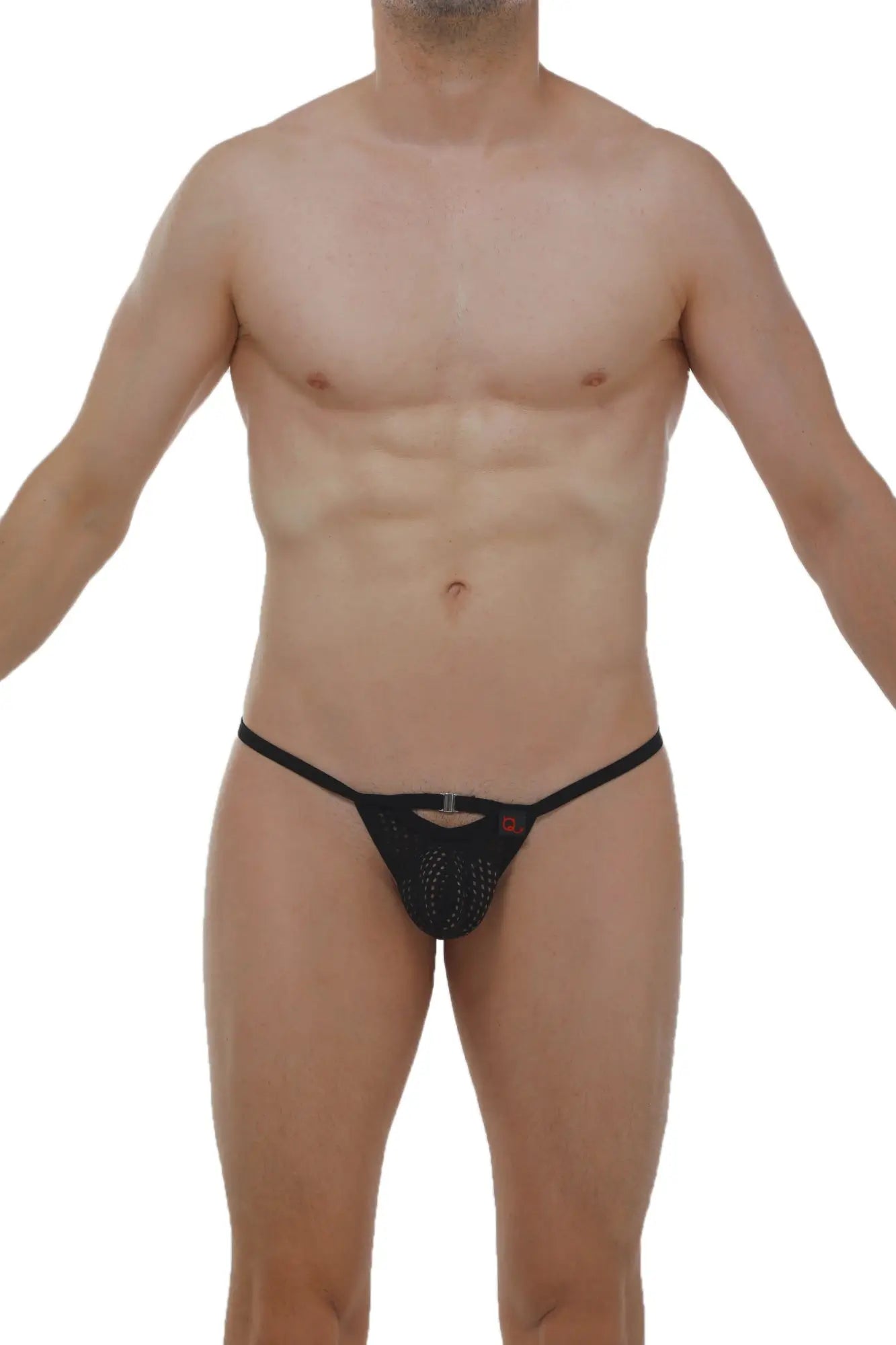 PetitQ Slingshot Rahart Durtol black mesh thong with central metal clasp and small red logo detail