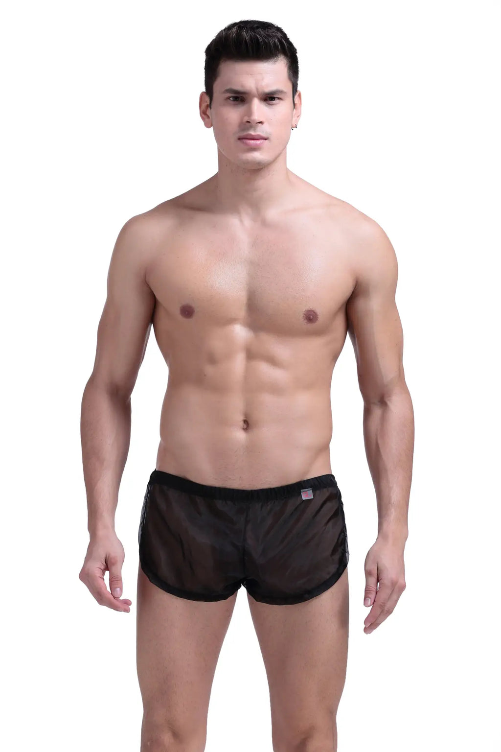 PetitQ snap shorts PetitQ black sheer mesh swim trunks with solid black waistband for swimwear use