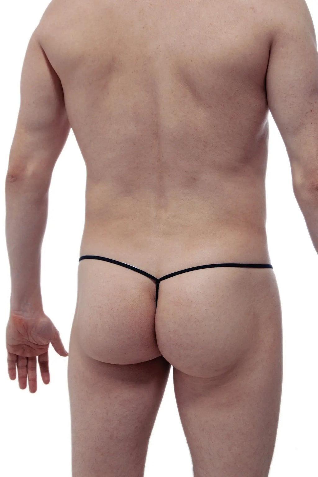 Black thong petitq string c ring in a thin minimalist design showcasing the back side of the product