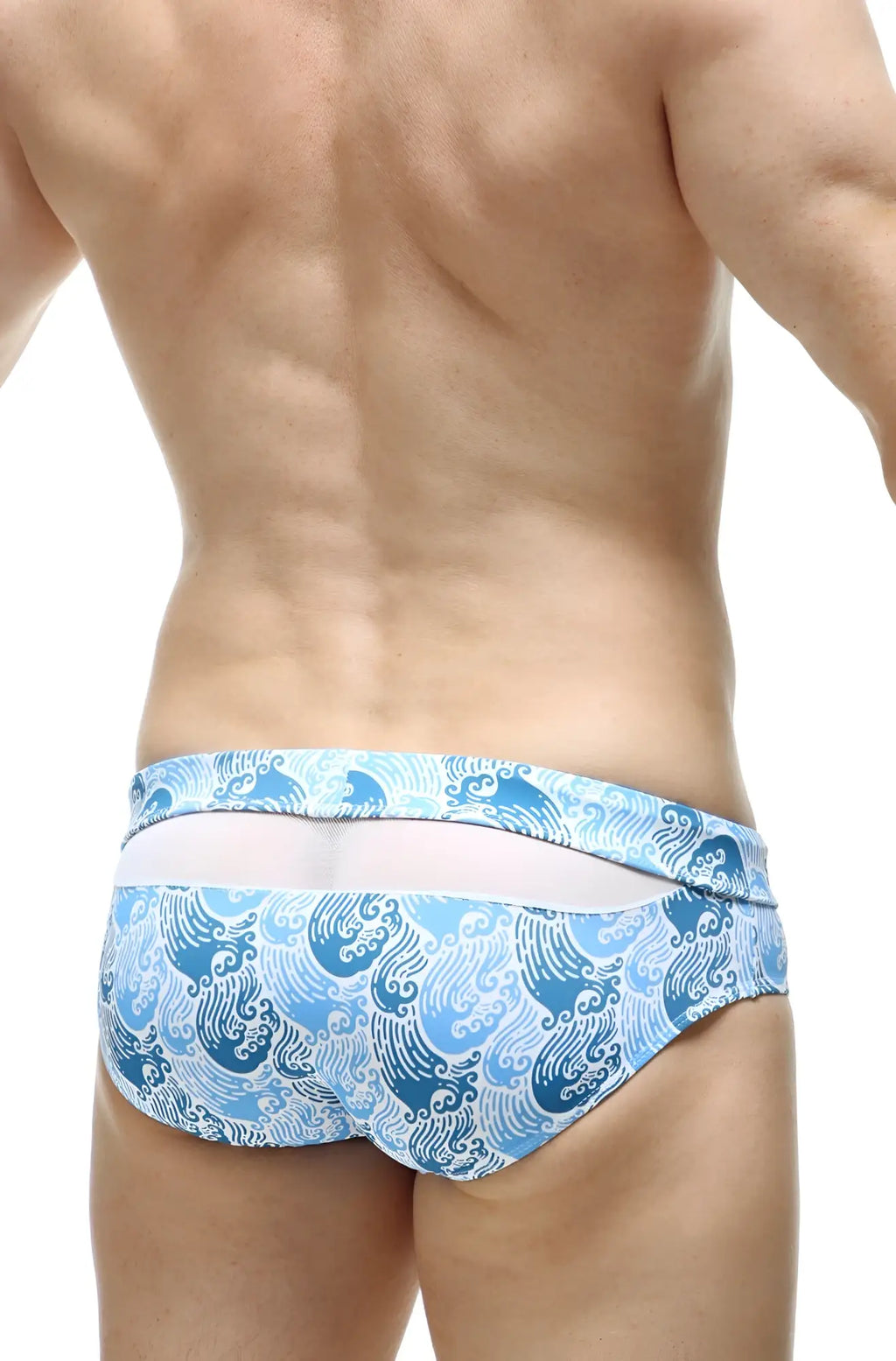 Petitq swim bikini ajoupa tartane blue and white wave patterned swim trunks with white waistband for beachwear