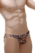 Leopard-print men’s swim briefs with gold-tone metal clasp at waistband from petitq swim bikini conguel collection