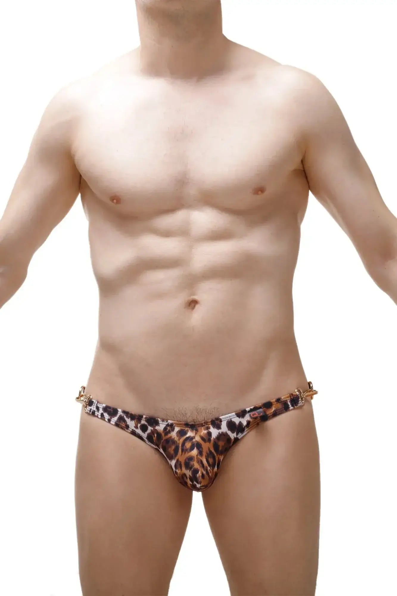 Leopard-print thong bikini bottom with gold-tone metal accents from petitq swim conguel leopard collection