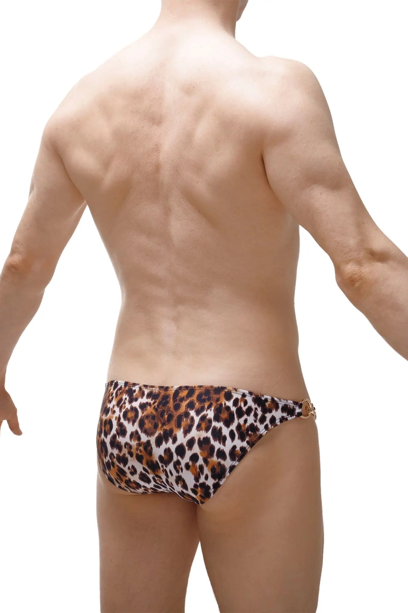 Petitq swim bikini conguel leopard swim trunks with white base brown spots and gold toned side hardware