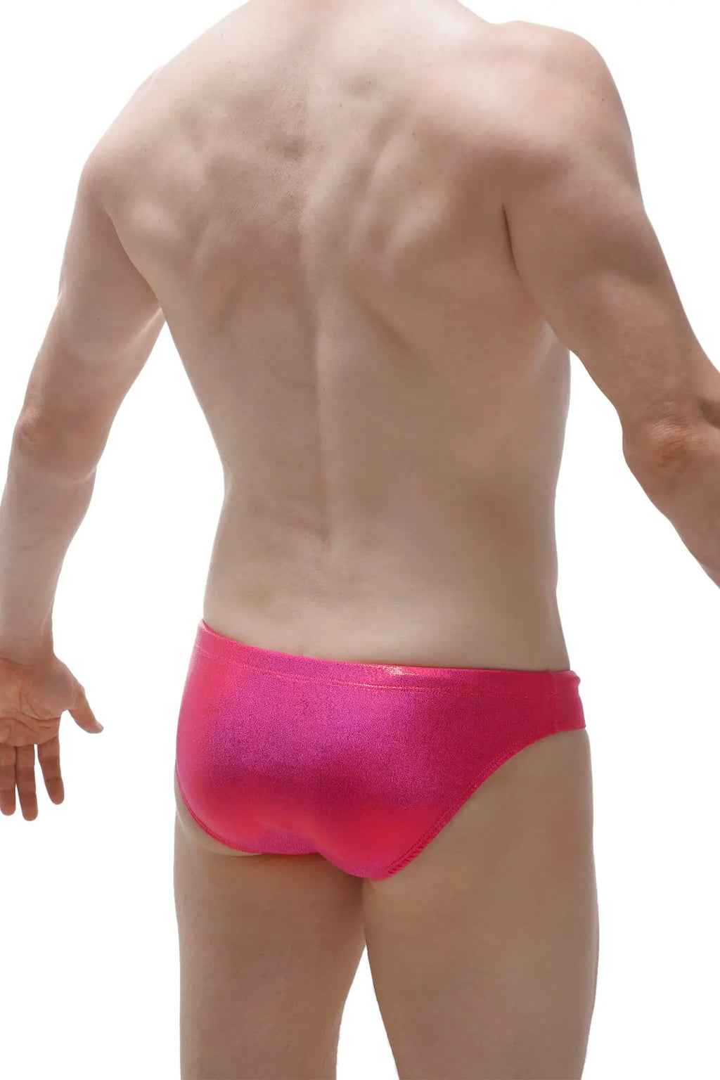 Bright pink metallic swim trunks from petitq swim bikini gloss featuring a shiny gloss finish