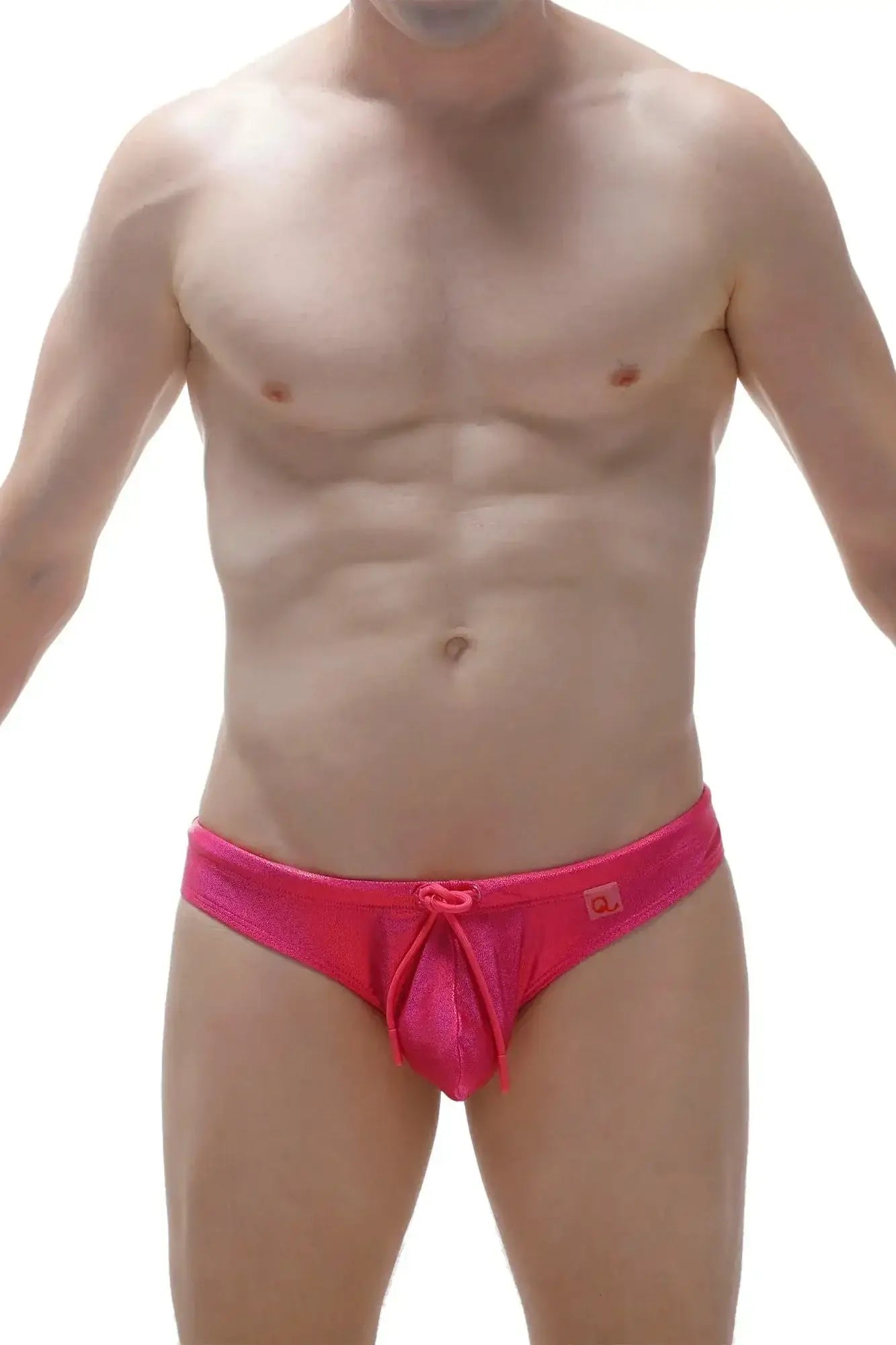 Bright pink satin gloss swim bikini trunks with tied front detail from petitq swim collection