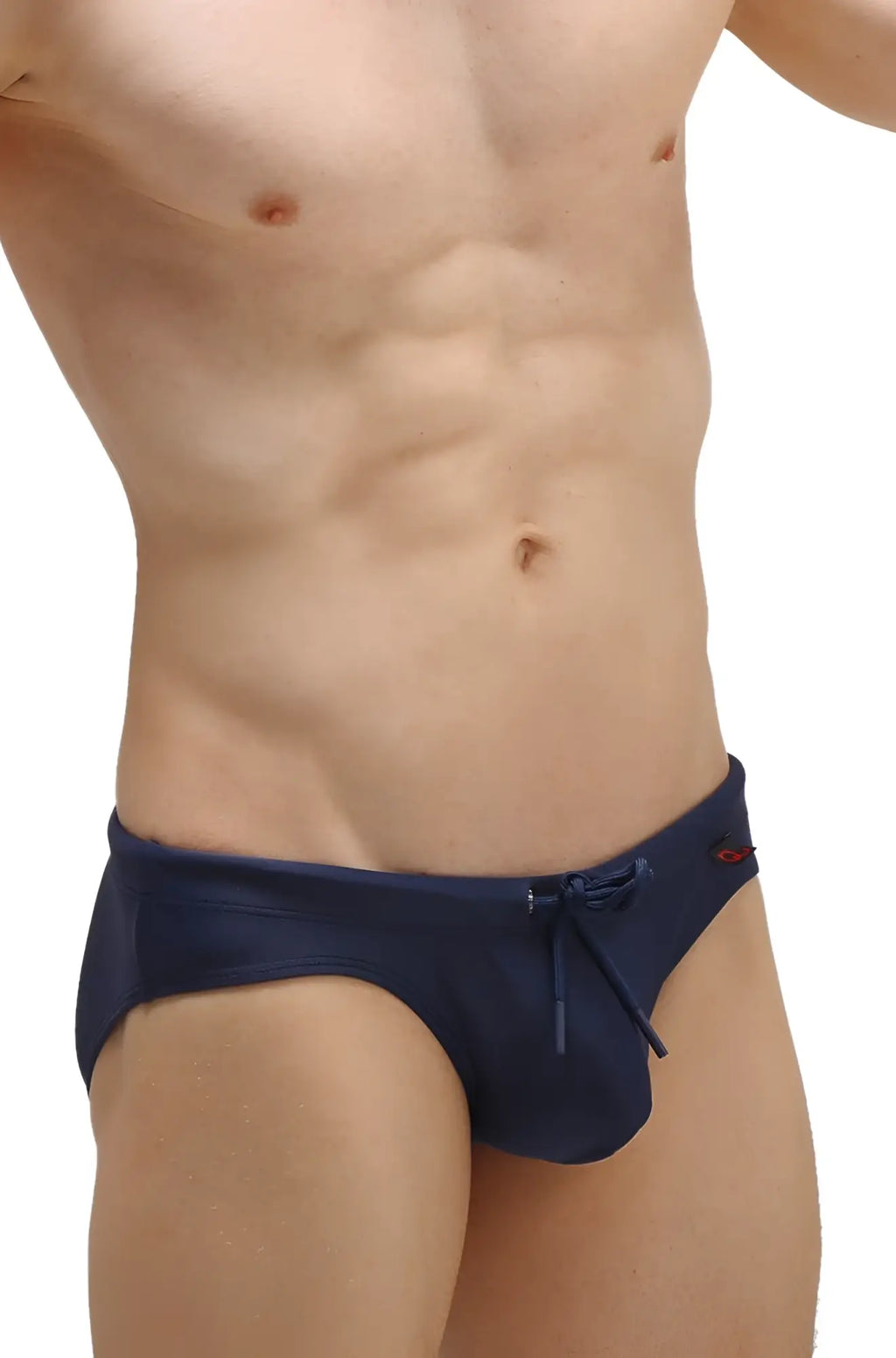 Navy blue recycled PetitQ swim bikini with drawstring waistband and small red logo on the side