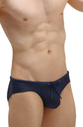 Navy blue recycled PetitQ swim bikini with drawstring waistband and small red logo on the side