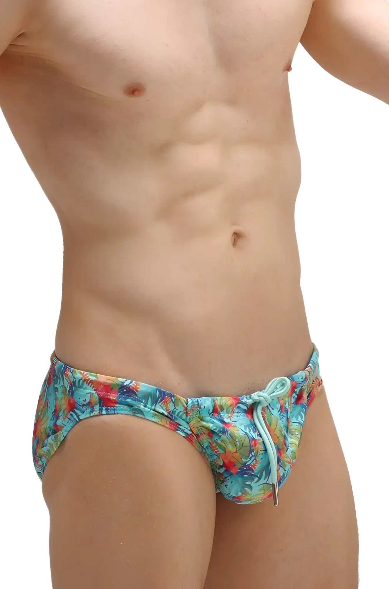 Vibrant tropical print petitq swim bikini taik canot swim trunks in turquoise red and green with light blue drawstring