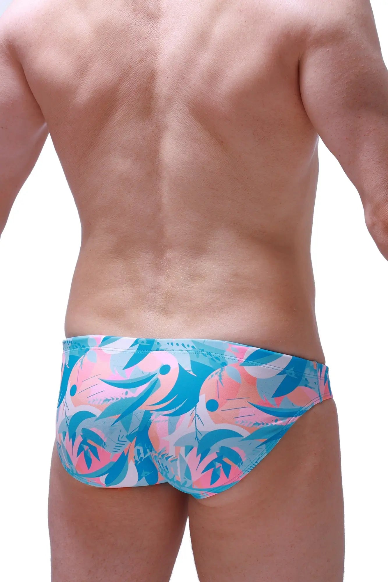 PetitQ swim brief Nant Boucan with vibrant turquoise and pink tropical bird pattern for beachwear