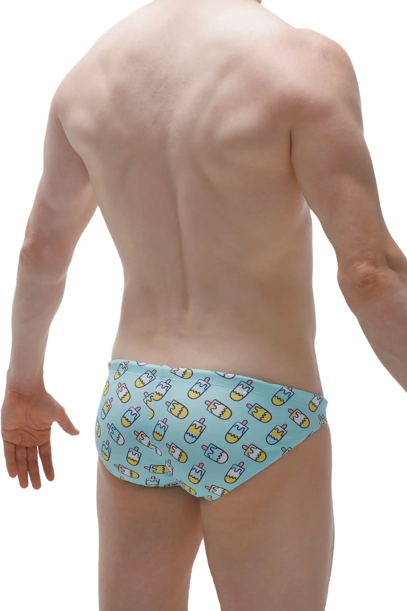Light blue petitq swim brief with colorful cartoon ice cream cone pattern ideal for playful swimwear style