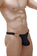 Black mens thong with gold-tone metal horsebit hardware made from recycled material for swimwear by petitq