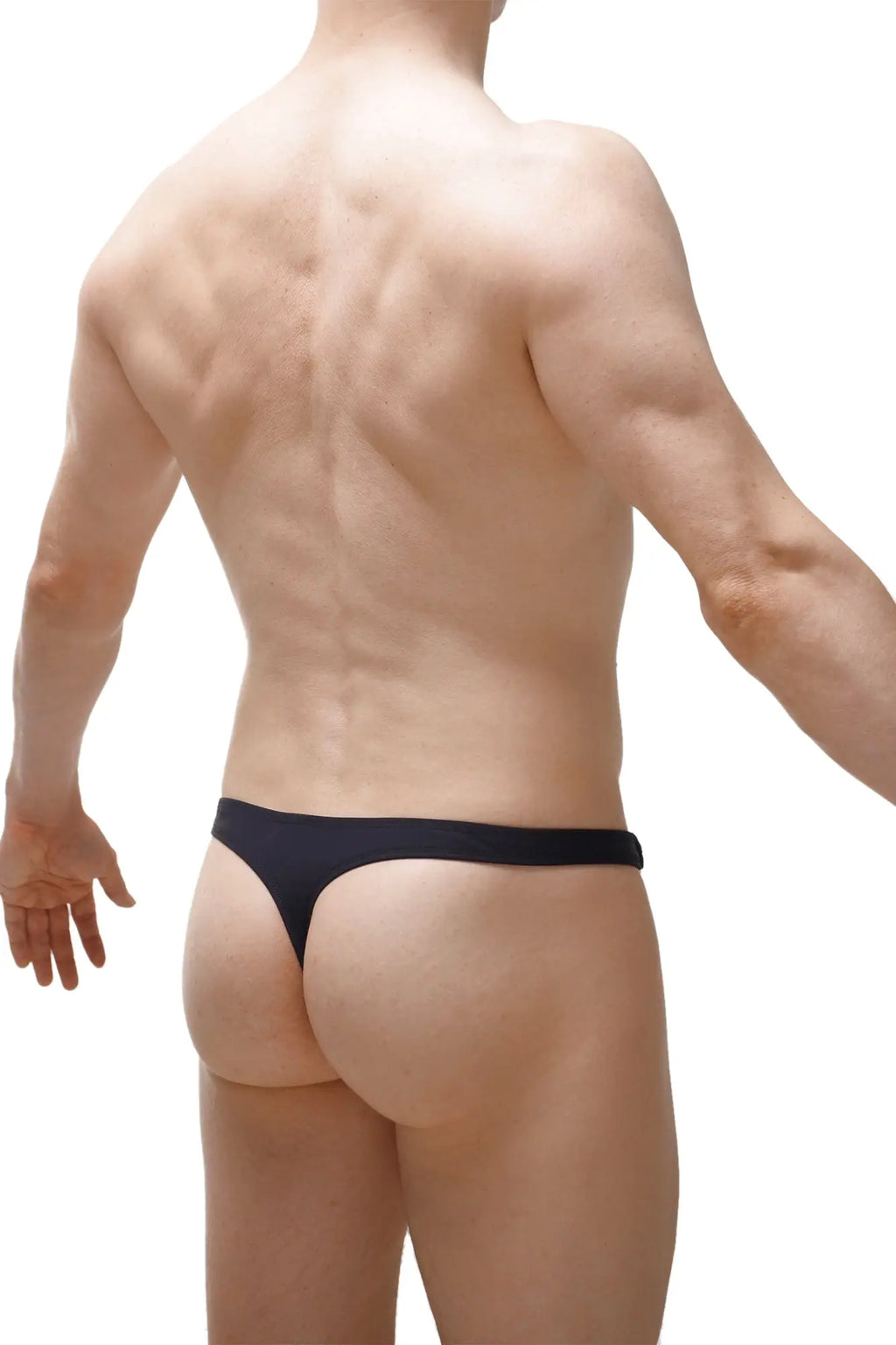 Black petitq swim thong made from recycled material shown from the back side for eco-friendly beachwear