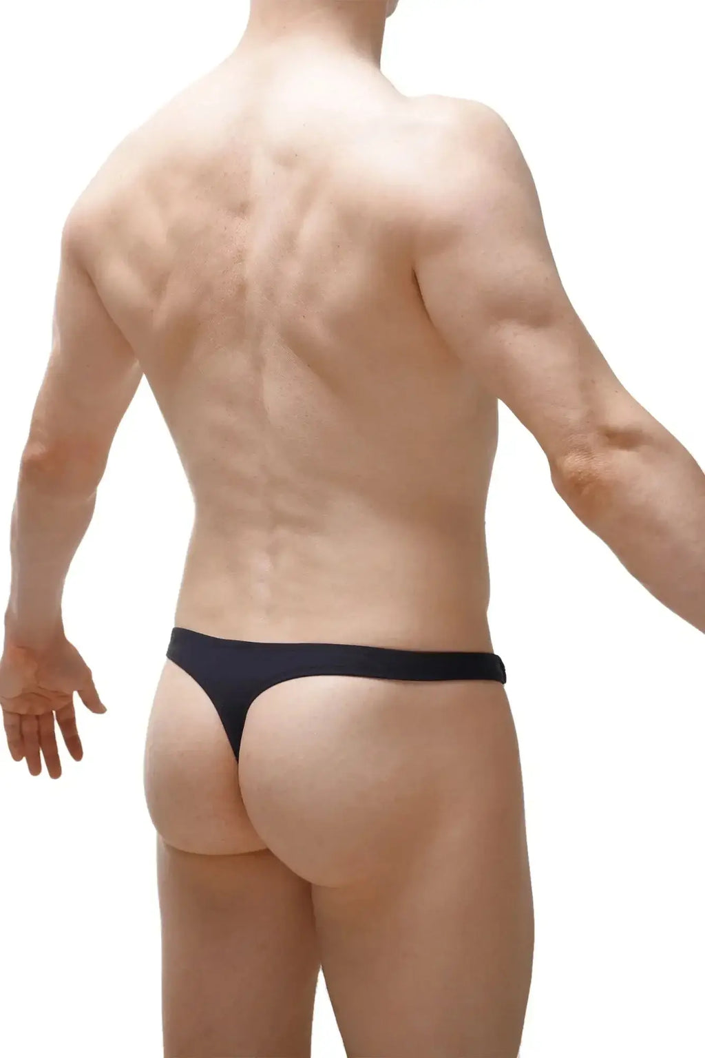 Black petitq swim thong made from recycled material shown from the back side for eco-friendly beachwear