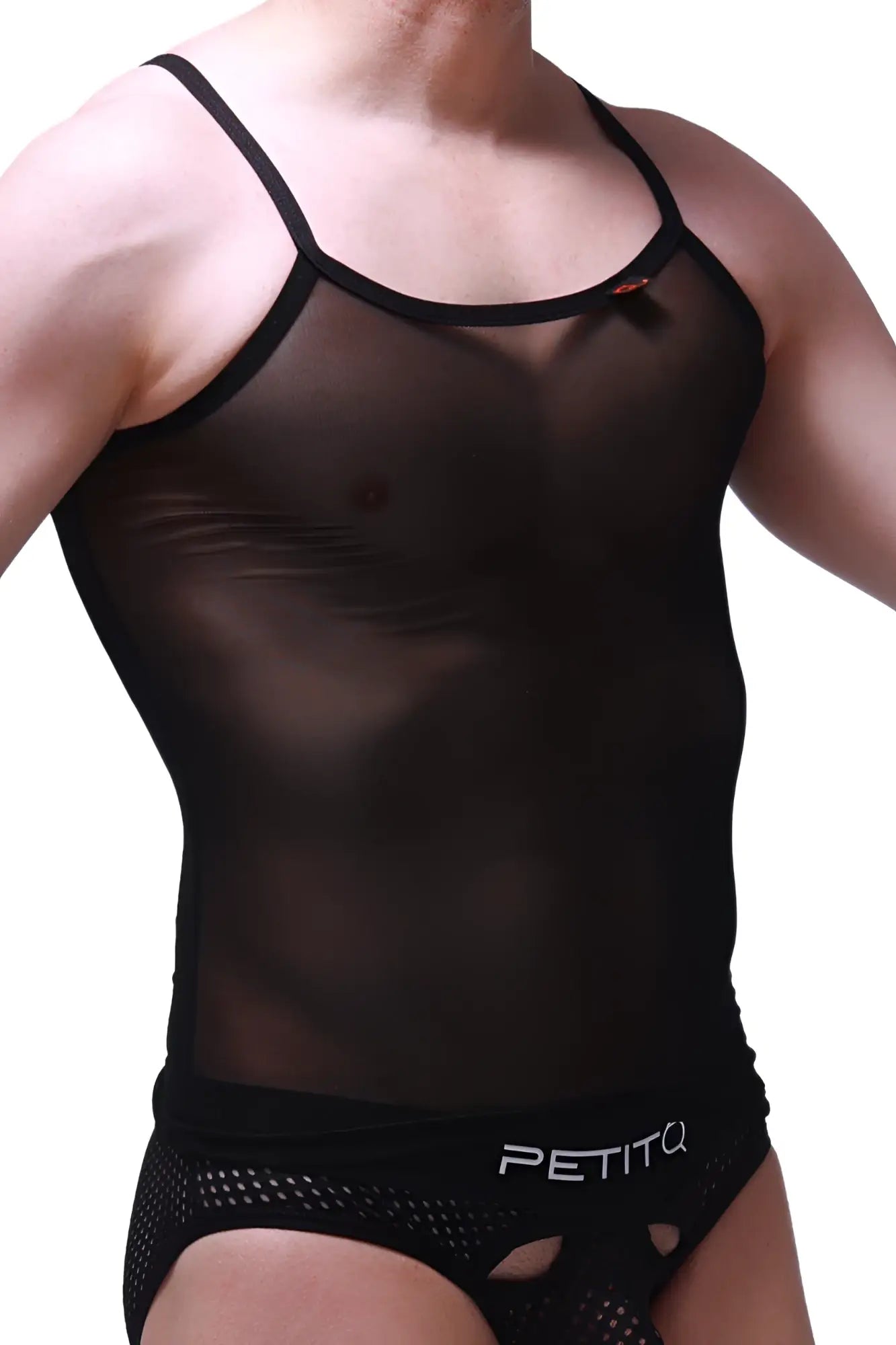 Petitq tank net black sheer mesh tank top with thin straps and fitted silhouette