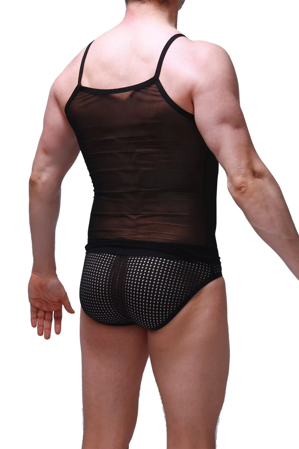 Petitq tank net black sheer mesh tank top with thin straps and black waistband for layering or casual wear