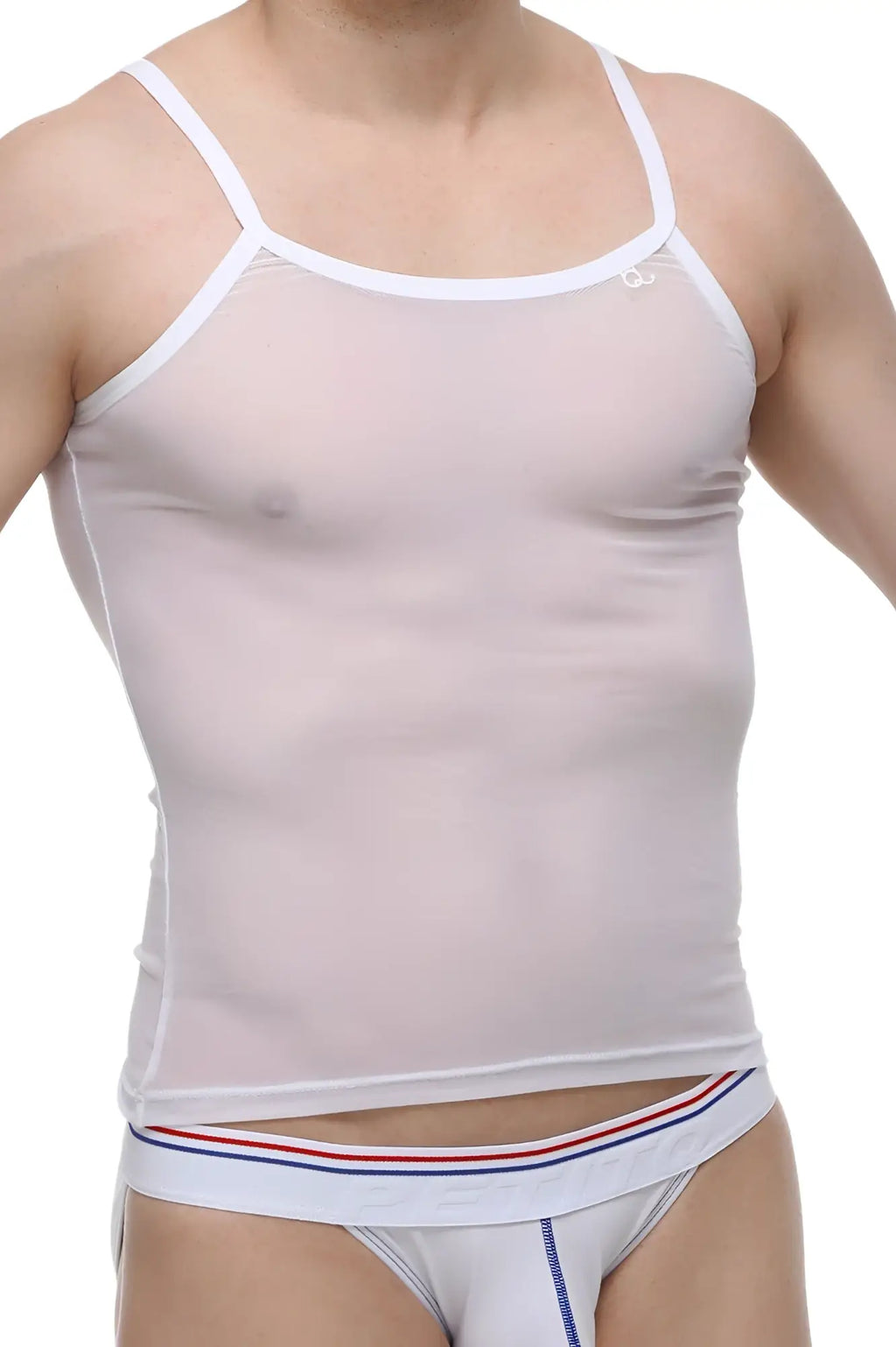 Petitq tank net white white mesh tank top with thin straps and subtle logo on upper left chest