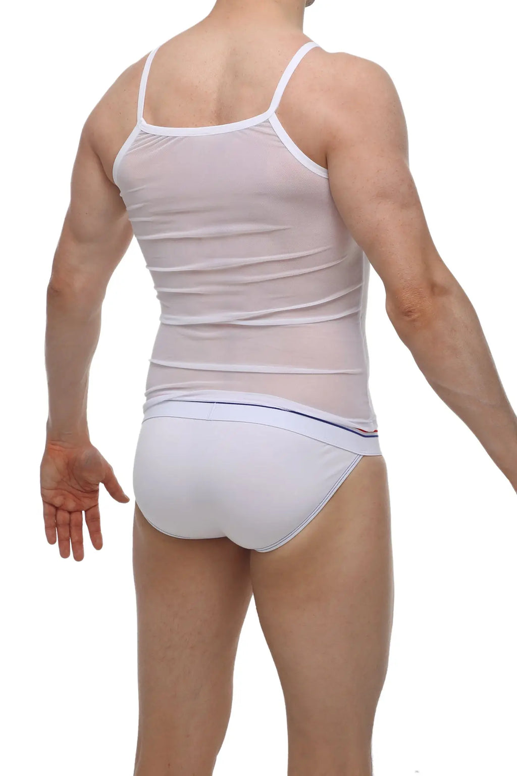 White sheer tank top petitq tank net white with thin straps and subtle blue trim along the waistband