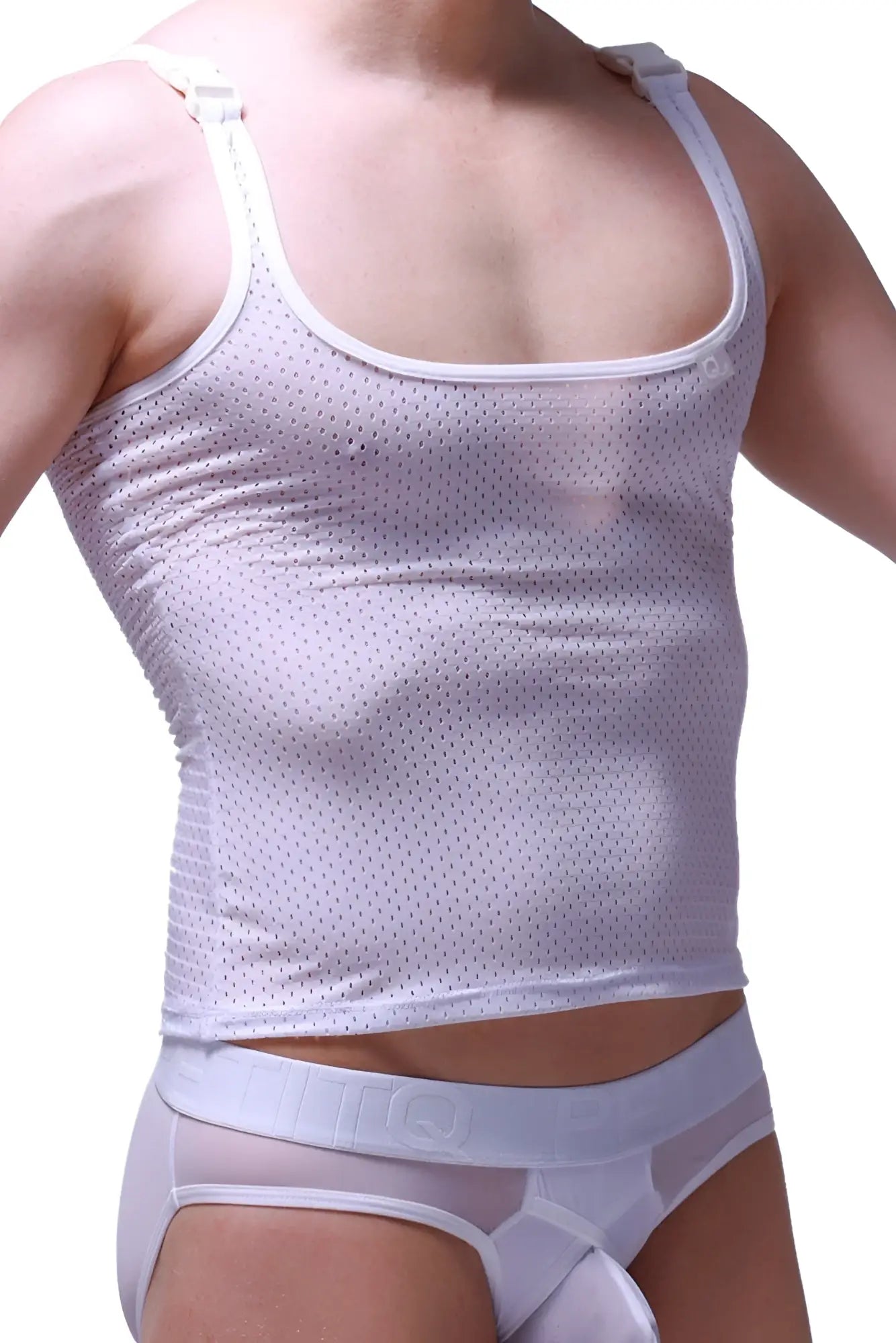 Petitq tank top attan bee white white mesh snug fit tank top with adjustable straps