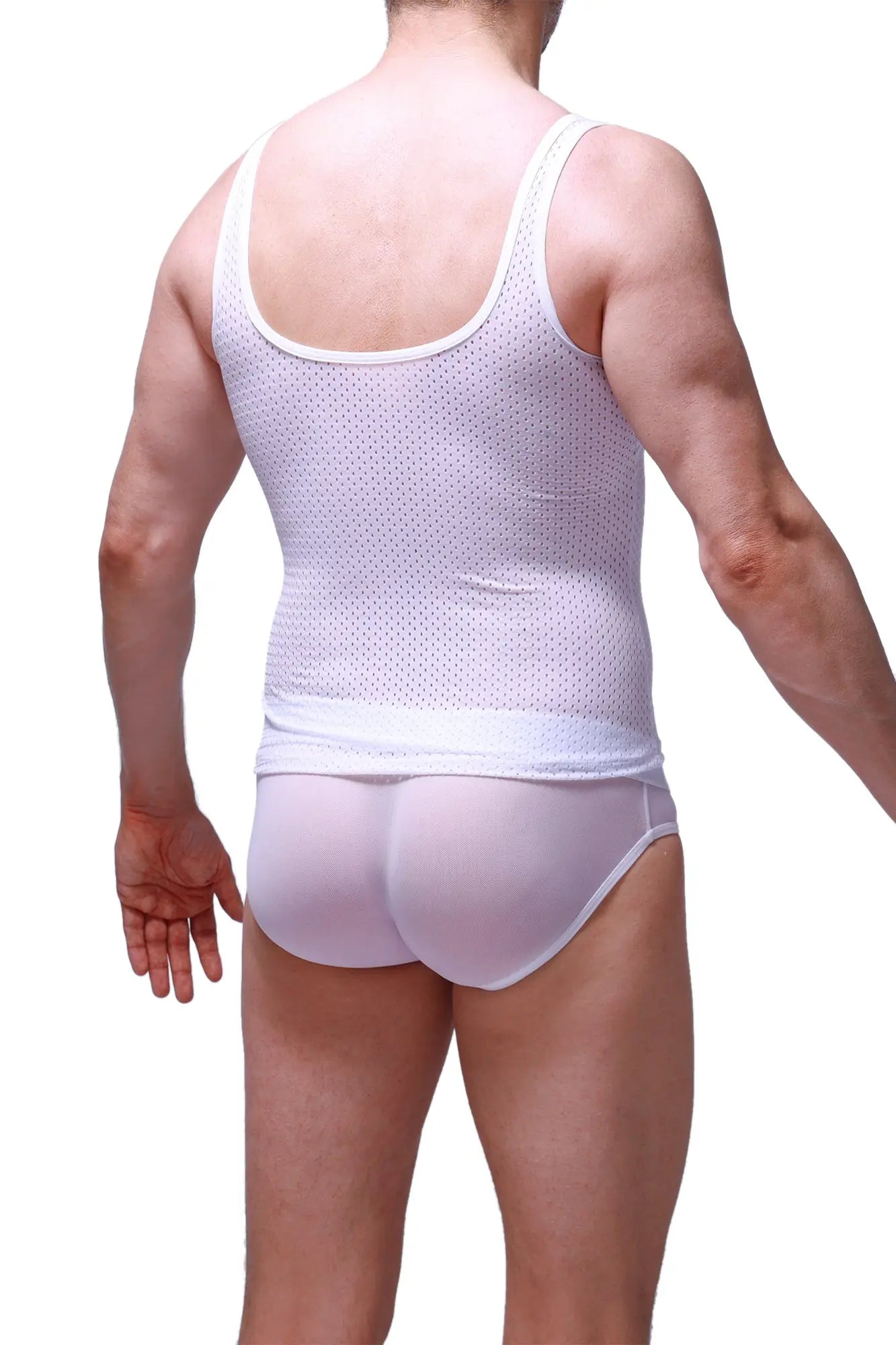 Petitq tank top attan bee white white mesh tank top with snug fit and subtle patterned texture