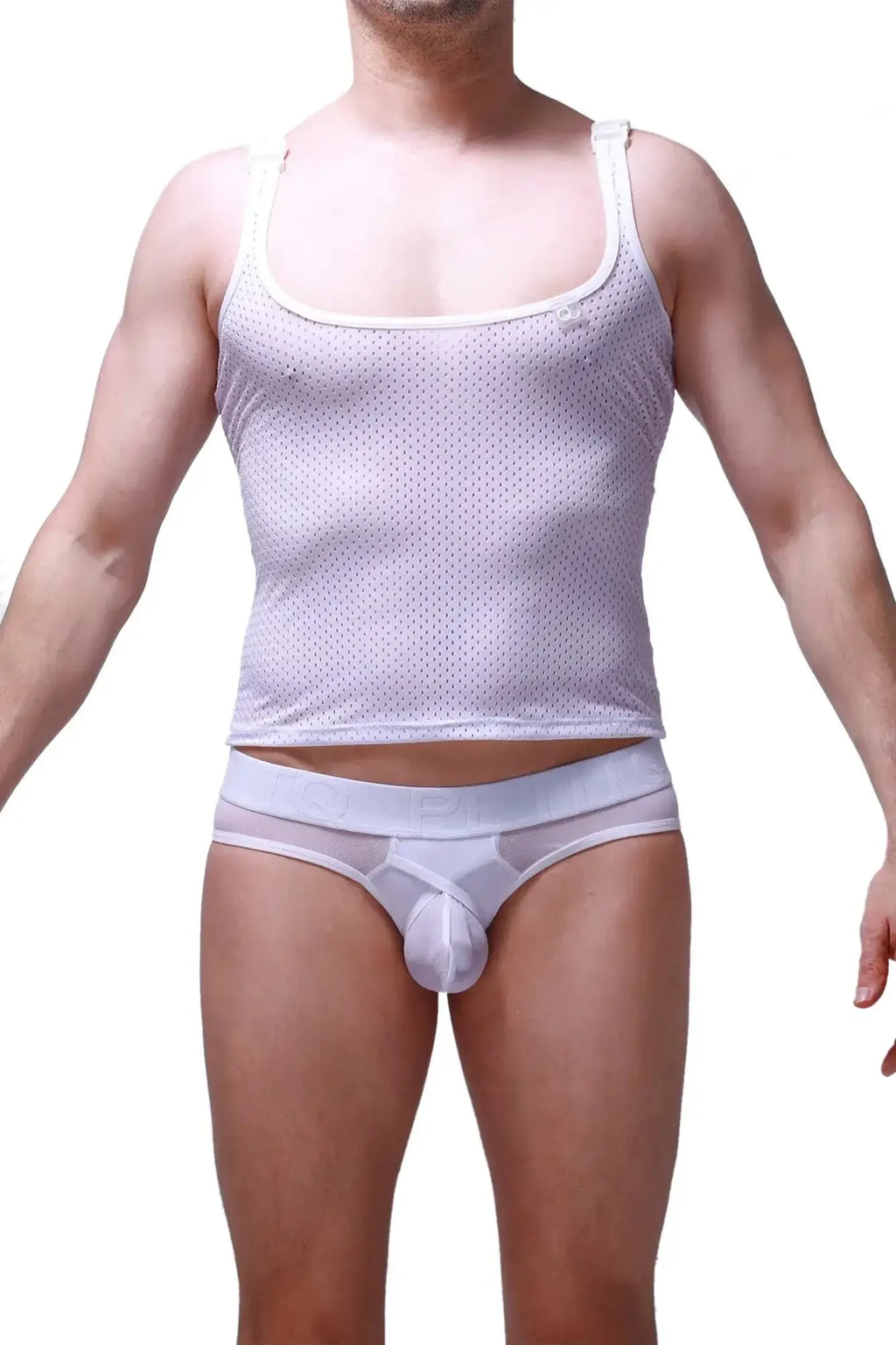 White mesh tank top with thin straps square neckline from petitq designed for breathable summer wear