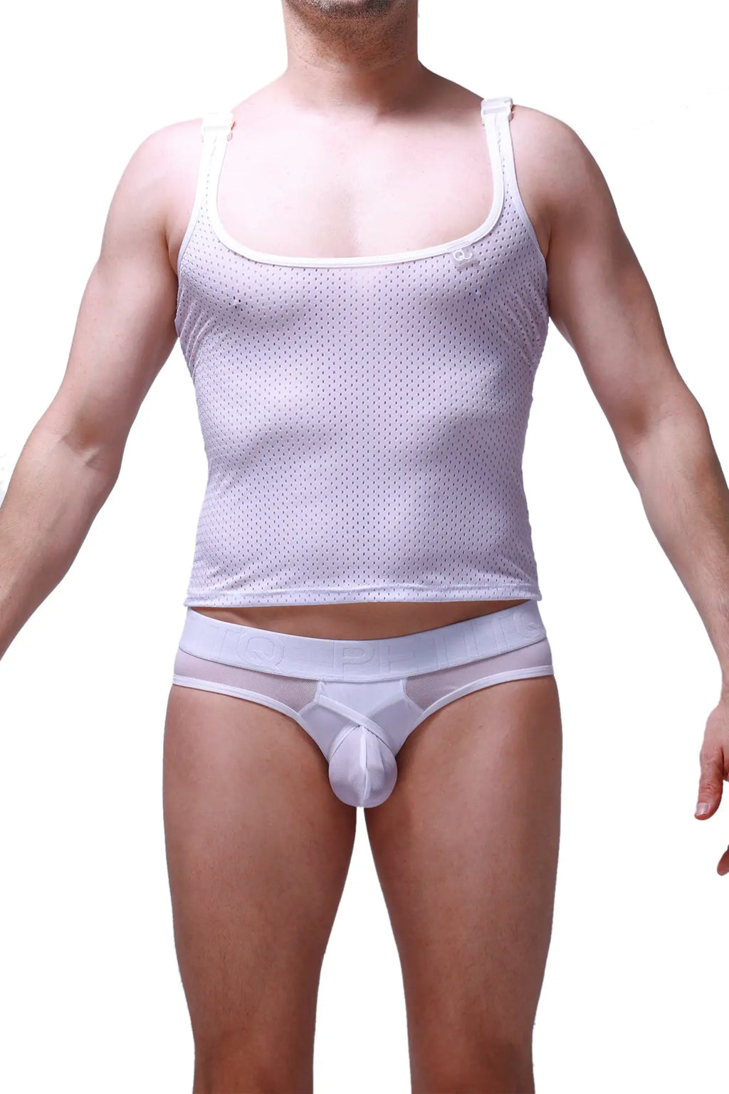 White mesh tank top with thin straps square neckline from petitq designed for breathable summer wear
